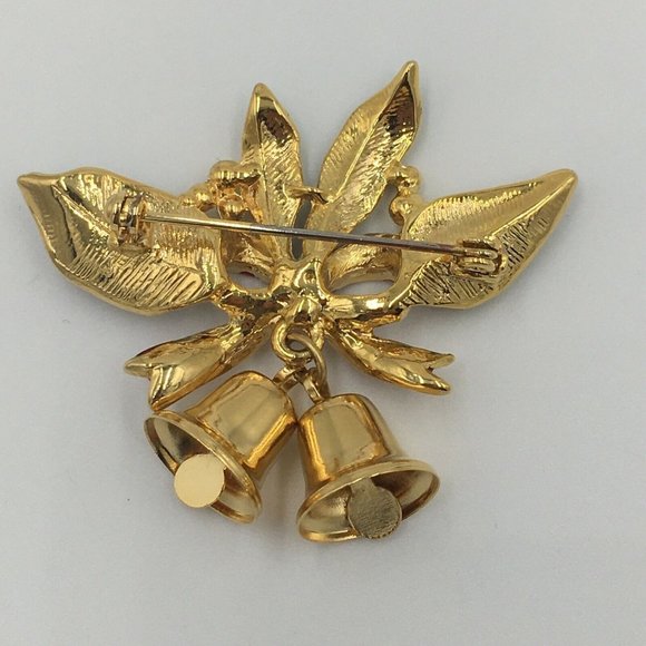 CHRISTMAS BROOCH PIN, Green Holly, Red Bow, Gold Tone Bells, Shiny Finish - Picture 3 of 3